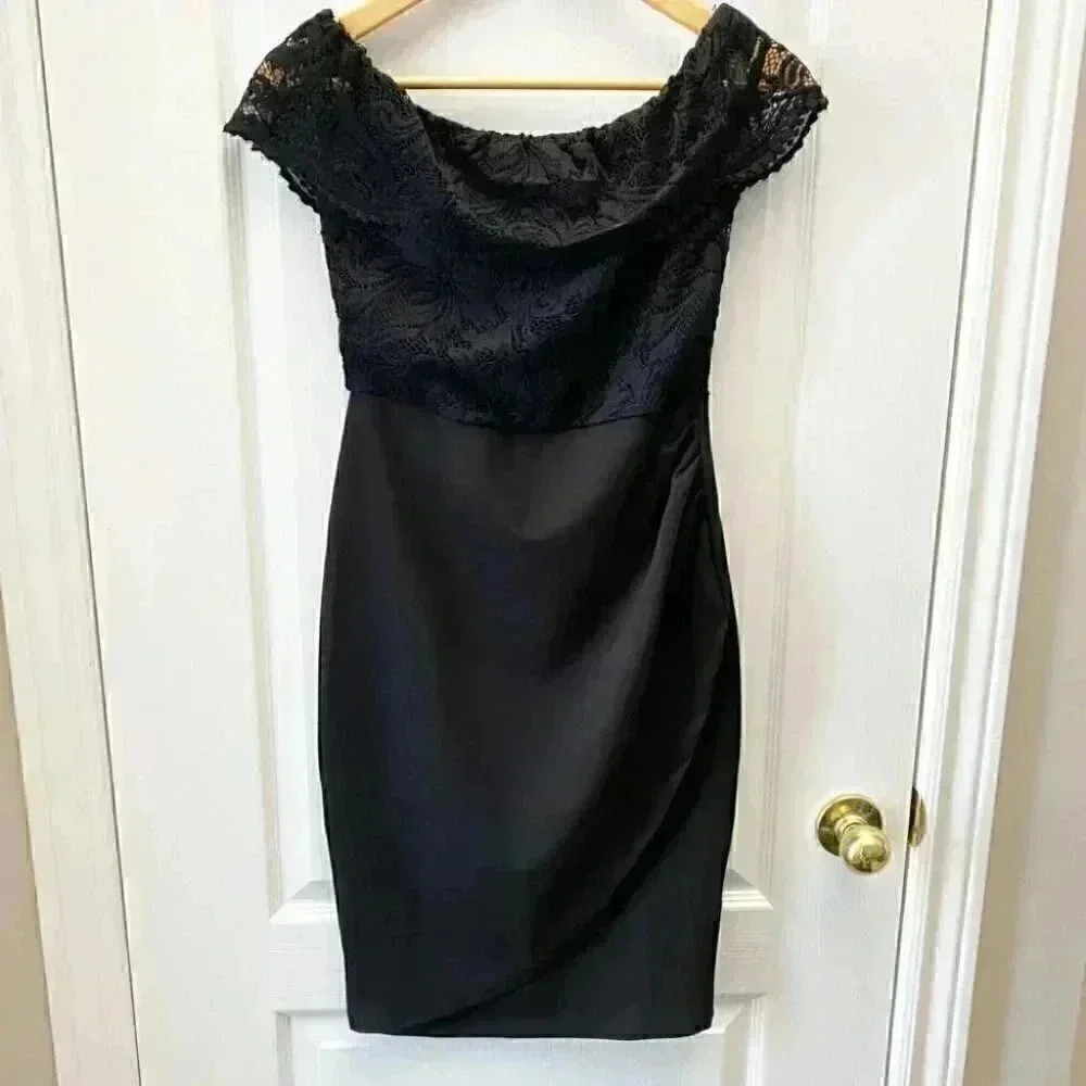 Le Chateau Black Cocktail Dress Off Shoulder Bardot Lace Bodice Formal LBD XS - Picture 5 of 16